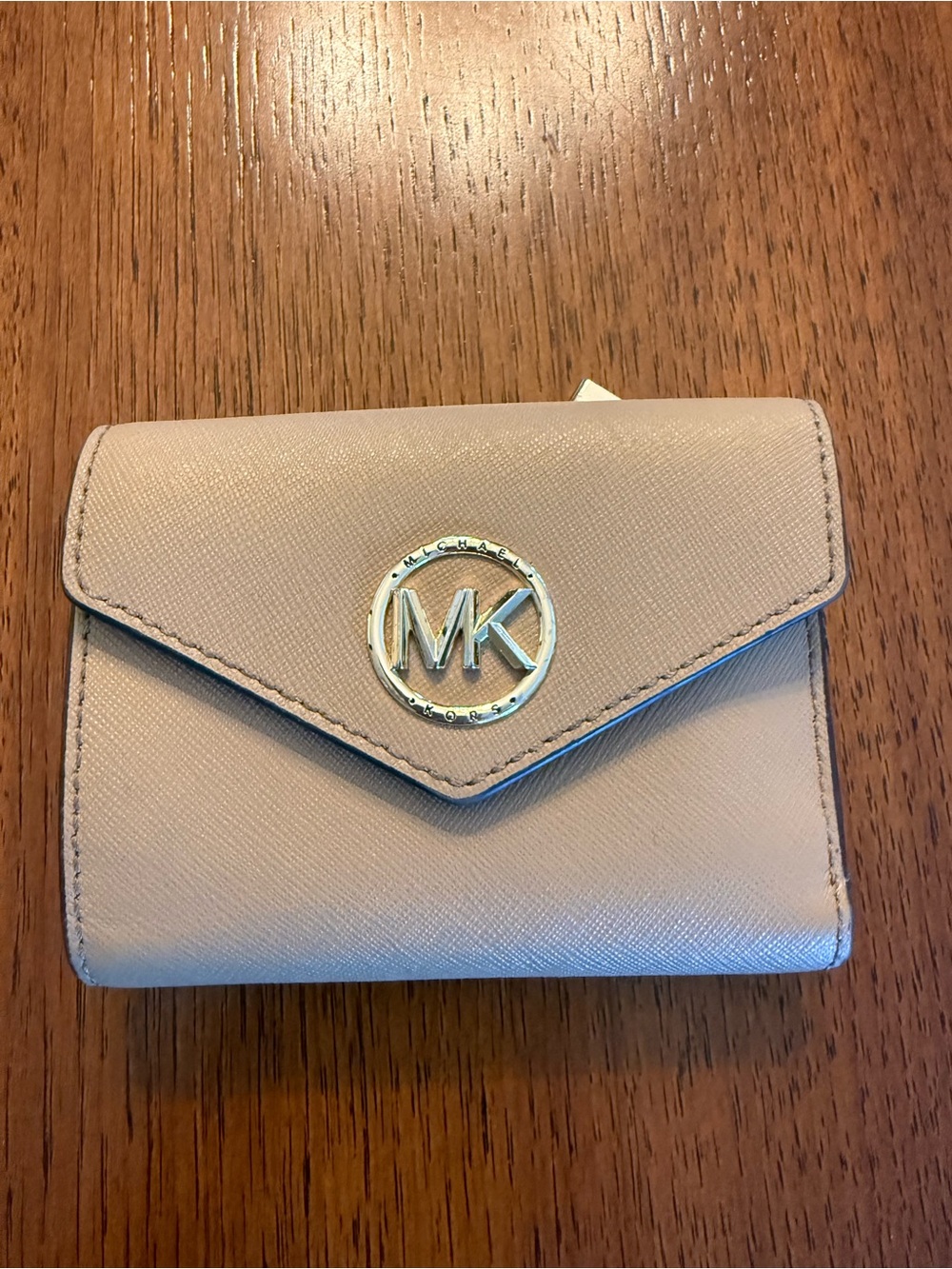 Michael Kors Light Tan Saffiano Leather Compact Wallet with Gold MK Logo